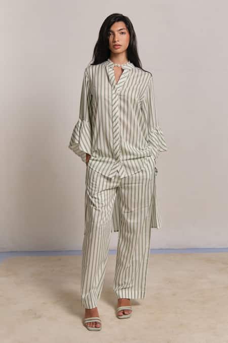Shimona Green Modal, Satin Collared Striped Co-ord Set 