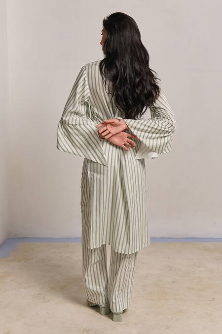 Shimona Green Striped Modal Satin Co-Ord Set 