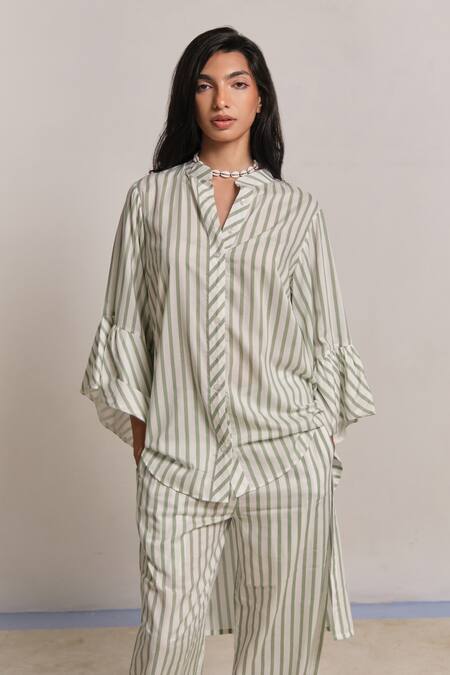 Shop_Shimona_Green Modal, Satin Collared Striped Co-ord Set 