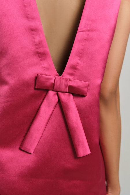 Shimona_Pink Satin Bows Round Neck Metallic Shift Dress _Online_at_Aza_Fashions