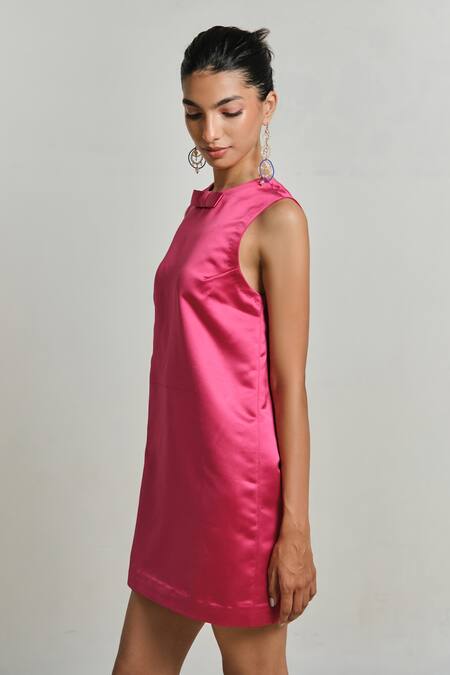 Shop_Shimona_Pink Satin Bows Round Neck Metallic Shift Dress _Online_at_Aza_Fashions