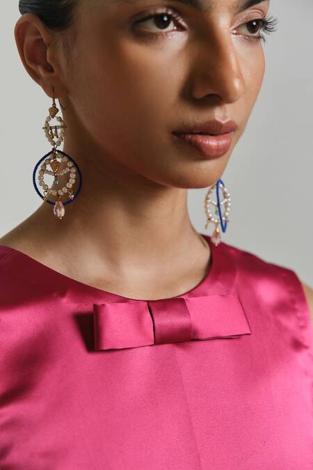 Shimona_Pink Satin Bows Round Neck Metallic Shift Dress _at_Aza_Fashions