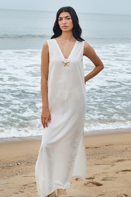 Shimona White Cotton V-neck Pearl Slit Dress