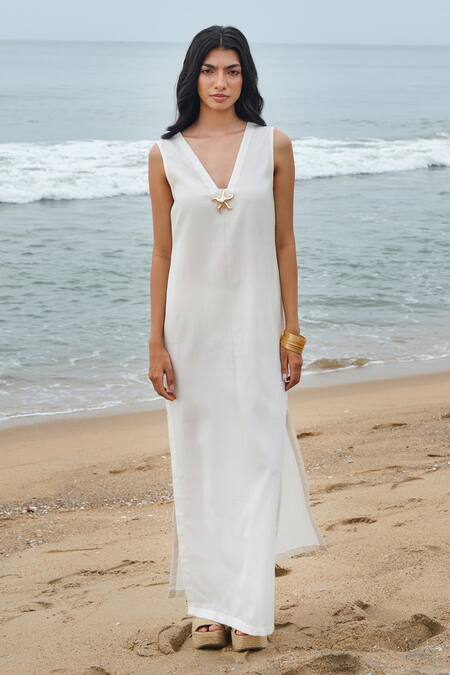 Shop_Shimona_White Cotton V-neck Pearl Slit Dress _Online_at_Aza_Fashions