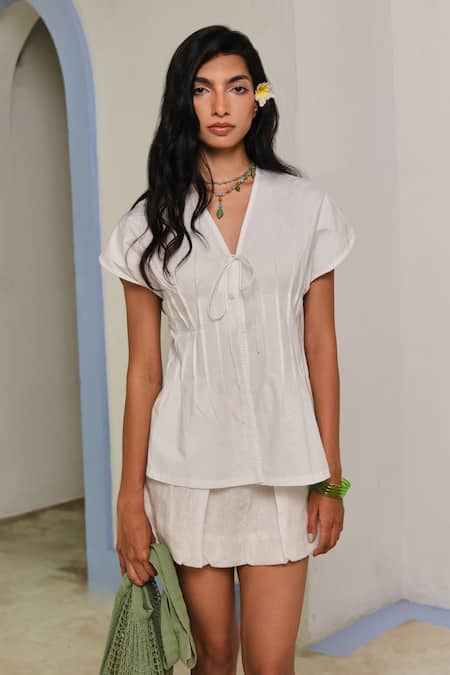 Shimona_White Cotton Satin Split V-neck Classic Tie Up Shirt _Online_at_Aza_Fashions