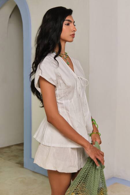 Buy_Shimona_White Cotton Satin Split V-neck Classic Tie Up Shirt _Online_at_Aza_Fashions