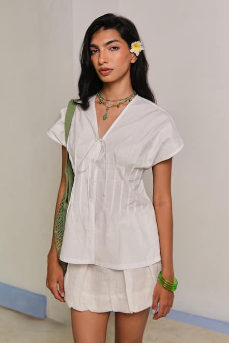 Shop_Shimona_White Cotton Satin Split V-neck Classic Tie Up Shirt _Online_at_Aza_Fashions