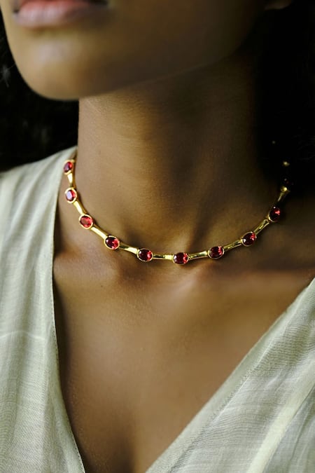 Shop_ESME_Red Gold Plated Stone Choker _Online_at_Aza_Fashions