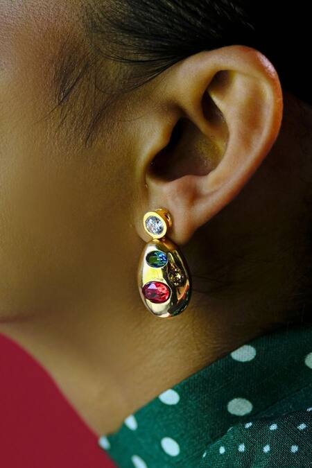 Esme By Aashna Dalmia_Red Imitation Gemstones Designer Gold Plated Earrings_Online_at_Aza_Fashions