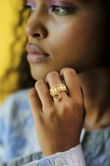 Esme By Aashna Dalmia_Gold Plated Crystals Designer Embellished Ring _Online_at_Aza_Fashions