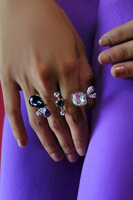 Esme By Aashna Dalmia_Blue Imitation Gemstones Designer And Silver Ring _at_Aza_Fashions