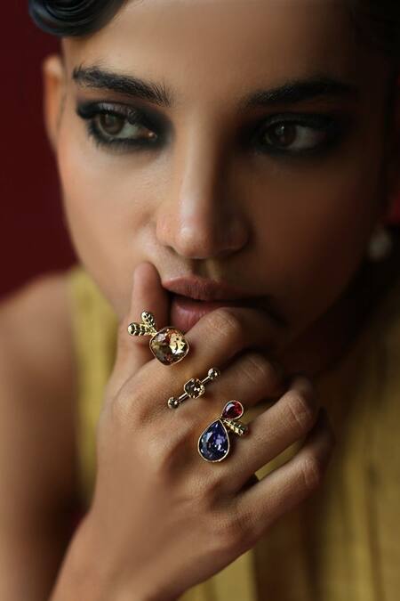 Shop_Esme By Aashna Dalmia_Gold Plated Imitation Gemstones Multicolour Designer Ring _Online_at_Aza_Fashions