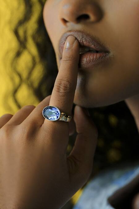 Esme By Aashna Dalmia_Blue Imitation Gemstones Designer Gold Plated Ring _at_Aza_Fashions