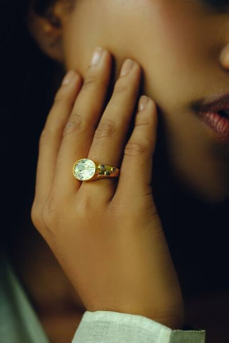 Shop_Esme By Aashna Dalmia_Gold Plated Faux Diamonds, Crystals Designer Ring _Online_at_Aza_Fashions