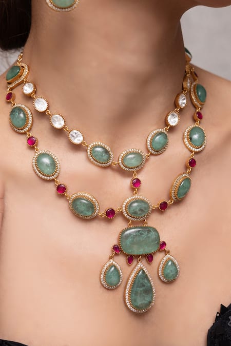 Shop Joules By Radhika Green Stones Yamisha Necklace Set at Aza Fashions Shop_Joules By Radhika_Green Stones Yamisha Necklace Set_at_Aza_Fashions