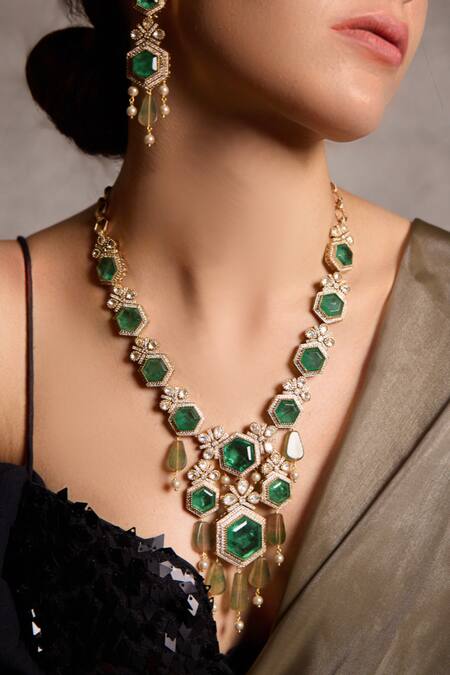 Joules By Radhika Green Gemstones Inaara Necklace Set 