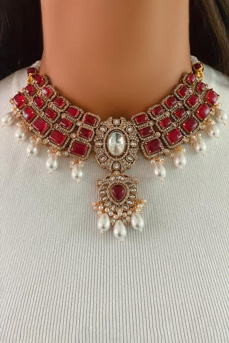 PRERTO Ruby Pearl Drops Kundan Necklace Set 