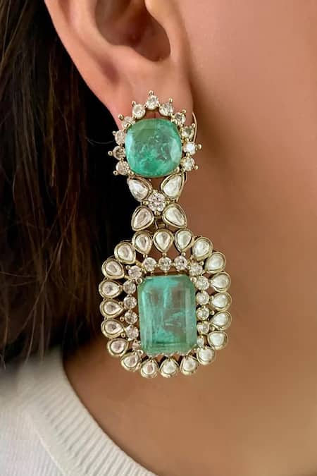 Shop_PRERTO_Emerald Green Imitation Gemstones Kundan Polki Necklace Set _at_Aza_Fashions