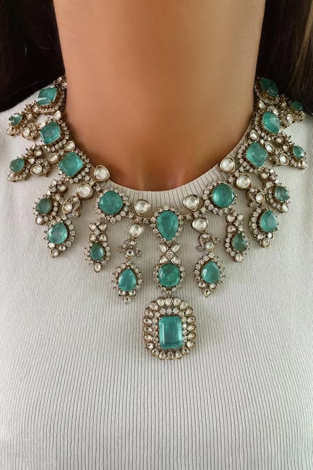 Prerto Emerald Green Gemstones Kundan Polki Necklace Set 