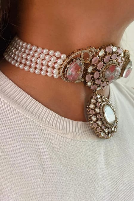 PRERTO_Pink Stones, Pearls Kodki Marble Kundan Necklace Set_Online_at_Aza_Fashions