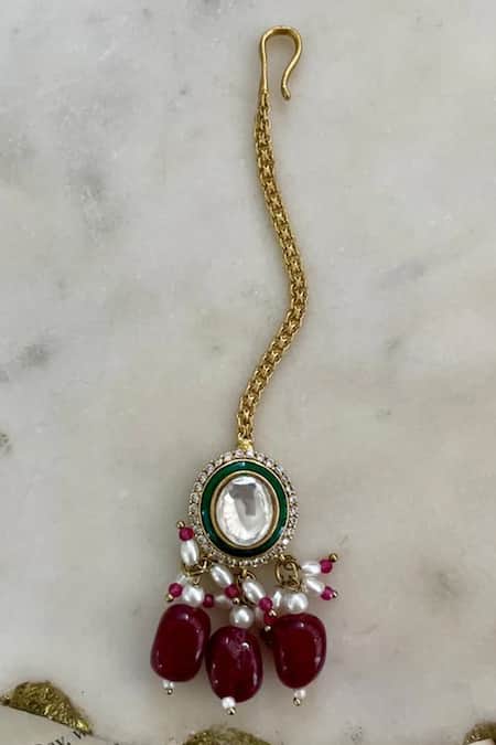 PRERTO_Red Gemstones, Pearls Gul Floret Kundan Polki Necklace Set_Online_at_Aza_Fashions