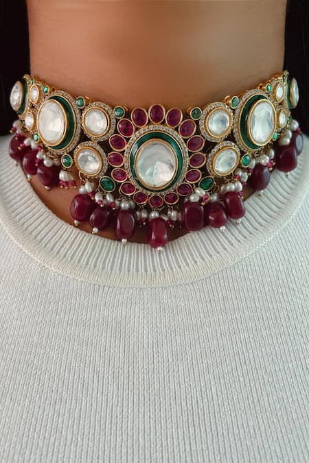 Prerto Red Gemstones, Pearls Gul Floret Kundan Polki Necklace Set 