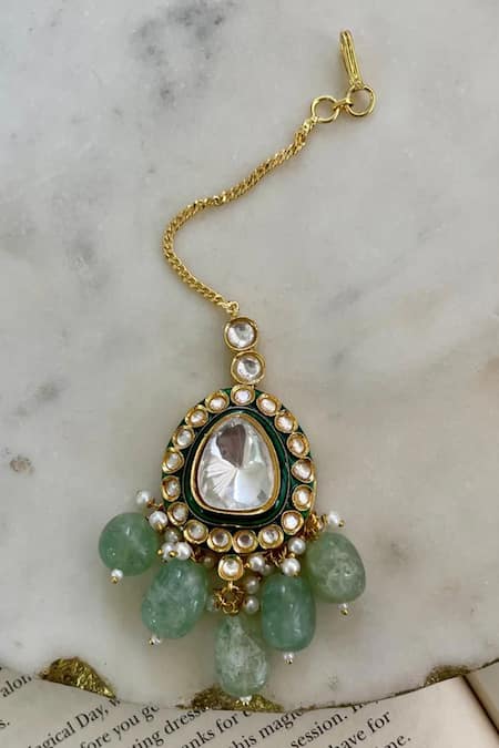 PRERTO_Emerald Green Crystals, Stones Drops Kundan Polki Necklace Set_Online_at_Aza_Fashions