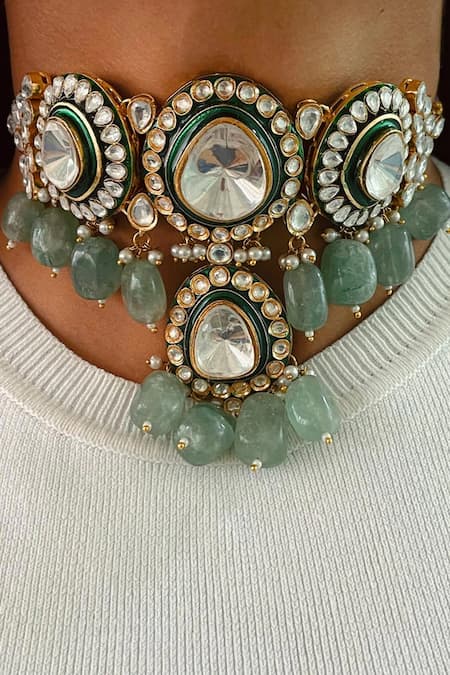 Prerto Emerald Green Crystals, Stones Drops Kundan Polki Necklace Set 