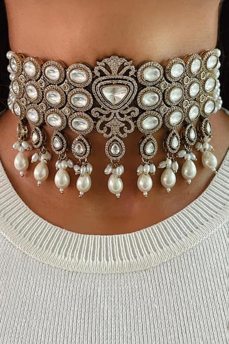 Prerto White Pearls, Stones Victorian Finish Kundan Polki Necklace Set 