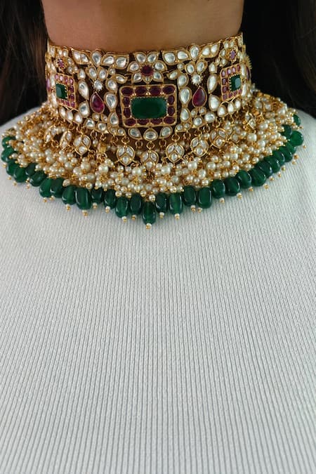 Prerto Emerald Green Gemstones, Pearls Kashi Golden Kundan Drops Necklace Set 