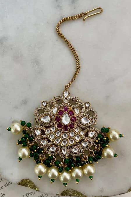PRERTO Emerald Green Pearls, Stones Kundan Polki Necklace Set Online at Aza Fashions PRERTO_Emerald Green Pearls, Stones Kundan Polki Necklace Set_Online_at_Aza_Fashions
