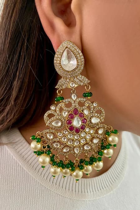 Shop PRERTO Emerald Green Pearls, Stones Kundan Polki Necklace Set at Aza Fashions Shop_PRERTO_Emerald Green Pearls, Stones Kundan Polki Necklace Set_at_Aza_Fashions