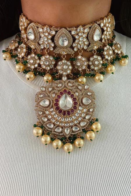 Prerto Emerald Green Pearls, Stones Kundan Polki Necklace Set 