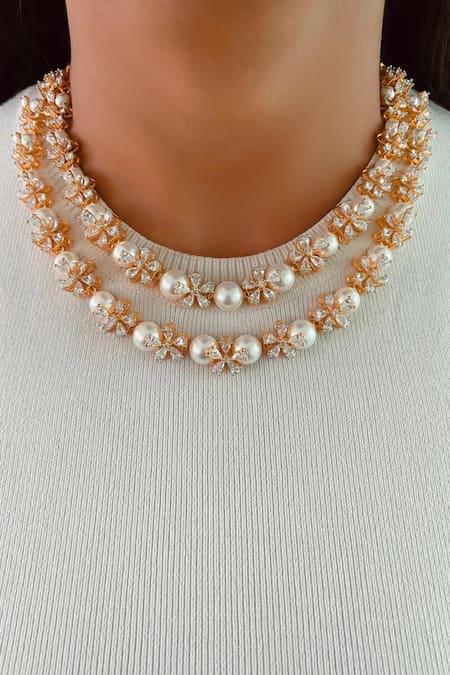 Prerto Gold Plated Pearls, Crystals Dual Floret Necklace Set 