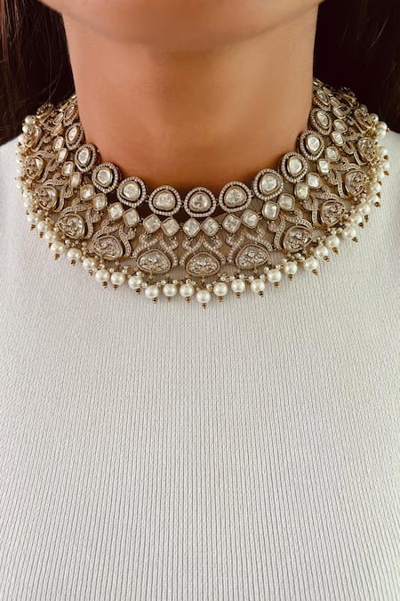 Prerto White Pearls, Diamonds Victorian Poppy Polki Kundan Drops Set 