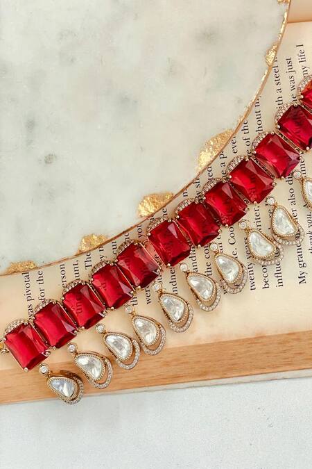 PRERTO Red Imitation Diamonds Ruby Polki Drop Necklace Set Online at Aza Fashions PRERTO_Red Imitation Diamonds Ruby Polki Drop Necklace Set_Online_at_Aza_Fashions