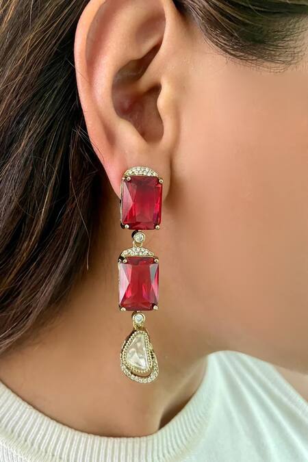 Shop PRERTO Red Imitation Diamonds Ruby Polki Drop Necklace Set at Aza Fashions Shop_PRERTO_Red Imitation Diamonds Ruby Polki Drop Necklace Set_at_Aza_Fashions