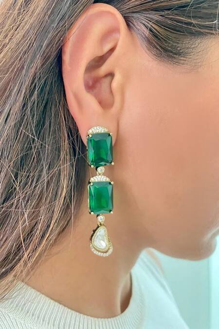 Shop PRERTO Emerald Green Imitation Diamonds Polki Drop Necklace Set at Aza Fashions Shop_PRERTO_Emerald Green Imitation Diamonds Polki Drop Necklace Set_at_Aza_Fashions