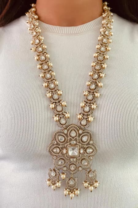 Prerto Gold Plated Pearls, Stones Floral Victorian Finish Kundan Necklace Set 