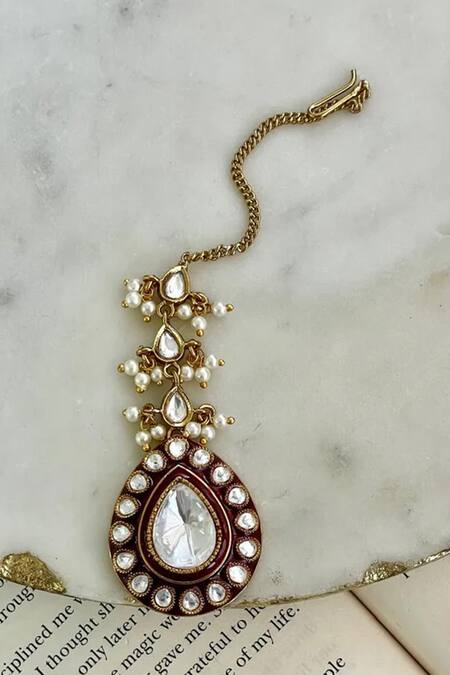 PRERTO White Stones Kundan Ruby 3 Layer Statement Necklace Set Online at Aza Fashions PRERTO_White Stones Kundan Ruby 3 Layer Statement Necklace Set_Online_at_Aza_Fashions