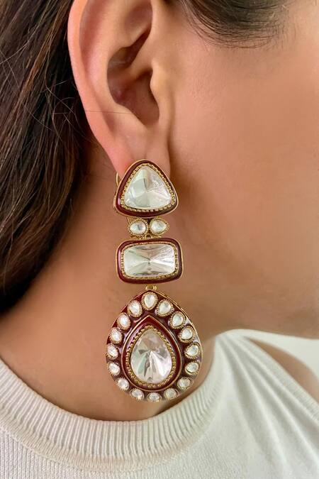 Shop PRERTO White Stones Kundan Ruby 3 Layer Statement Necklace Set at Aza Fashions Shop_PRERTO_White Stones Kundan Ruby 3 Layer Statement Necklace Set_at_Aza_Fashions