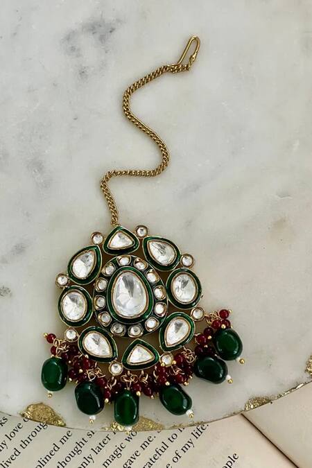 PRERTO_Emerald Green Crystals, Pearls Vine Drops Kundan Necklace Set_Online_at_Aza_Fashions