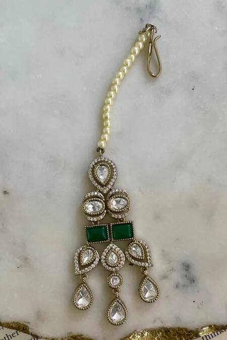 PRERTO_Emerald Green Imitation Diamonds Polki Kundan Pearl Drop Set_Online_at_Aza_Fashions