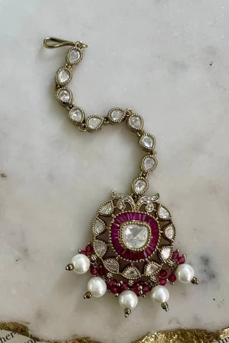 PRERTO_Red Pearls, Stones Ruby Polki Kundan Drop Necklace Set_Online_at_Aza_Fashions