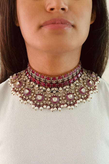 Prerto Red Pearls, Stones Ruby Polki Kundan Drop Necklace Set 