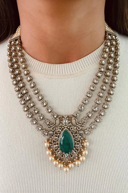 Prerto Emerald Green Gemstones, Pearls Kundan Drop Necklace Set 