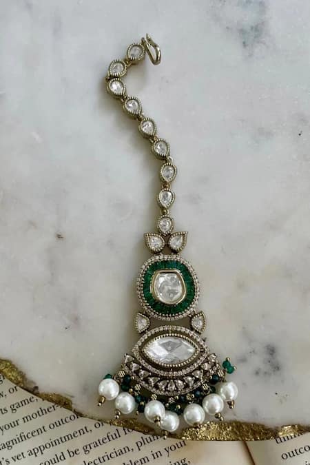 PRERTO_Emerald Green Pearls, Diamonds Polki Kundan Necklace Set _Online_at_Aza_Fashions