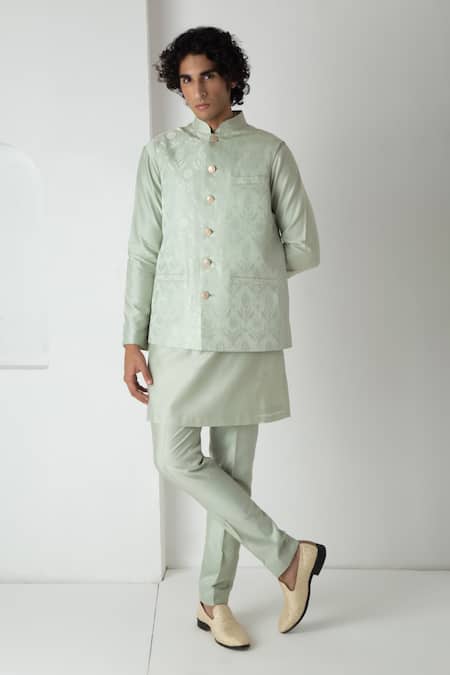 Chhaya Mehrotra Green Brocade, Chanderi Embroidery Glass Esper Bundi Set 