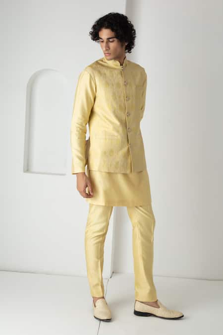 Chhaya Mehrotra Yellow Brocade, Silk, Chanderi Embroidery Yarrow Esper Bundi Set at Aza Fashions Chhaya Mehrotra_Yellow Brocade, Silk, Chanderi Embroidery Yarrow Esper Bundi Set _at_Aza_Fashions