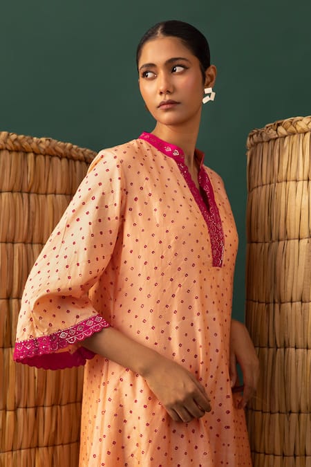 Shop_Naina Jain_Orange Silk, Satin, Georgette Mirrors Mandarin Light Bandhani Work Kurta Set _Online_at_Aza_Fashions